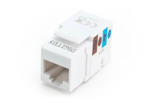 Class E CAT 6 Keystone Jack | DN-93601 | Unshielded RJ45 to LSA | Cable installation via LSA strips, color coded according to EIA/TIA 568 A & B; The Cat 6 keystone module supports transmission speeds of up to 1 GBit/s & 250 MHz in connection with cat 6 or higher network installation cables | White