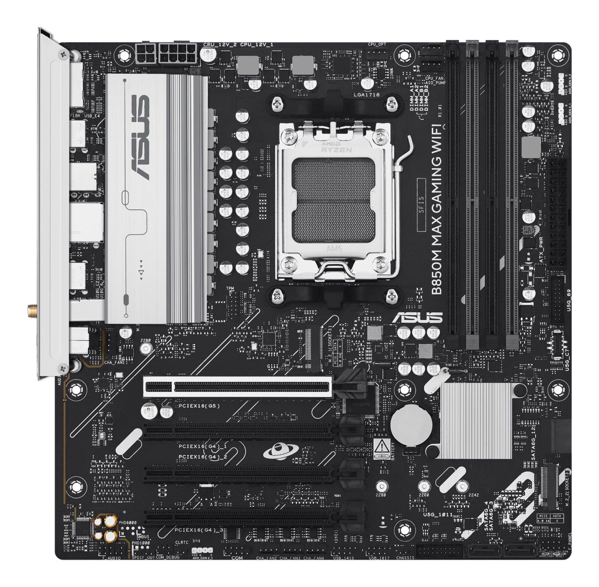 Asus B850M MAX GAMING WIFI, Processor family AMD, Processor socket AM5, DDR5, Supported hard disk drive interfaces SATA, M.2, Number of SATA connectors 4