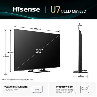 TV Set, HISENSE, 50 ", 4K Ultra HD, 3840 x 2160 pixels, Flat, 16:9, ULED, 50U7Q