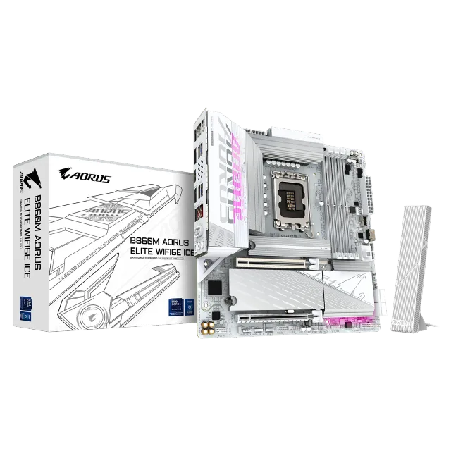 Gigabyte B860M AORUS ELITE WIFI6E ICE | Processor family Intel | Processor socket LGA1851 | DDR5 | Supported hard disk drive interfaces SATA, M.2 | Number of SATA connectors 4