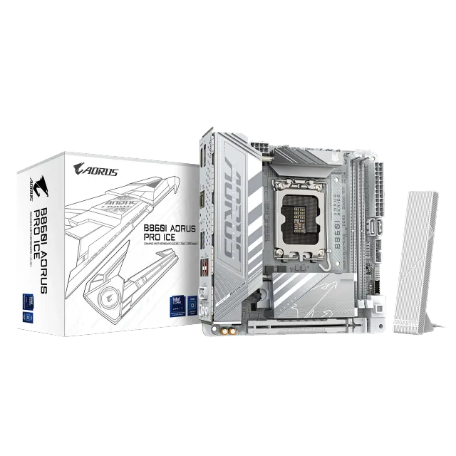 Gigabyte B860I AORUS PRO ICE | Processor family Intel | Processor socket LGA1851 | DDR5 | Supported hard disk drive interfaces SATA, M.2 | Number of SATA connectors 2