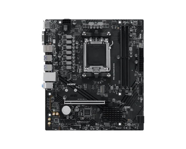 MSI PRO A620AM-B EVO | Processor family AMD | Processor socket AM5 | DDR5 | Supported hard disk drive interfaces SATA, M.2 | Number of SATA connectors 2