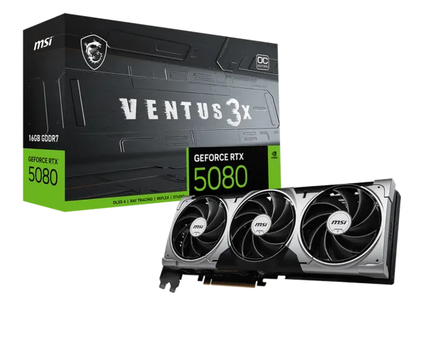 MSI GeForce RTX 5080 16G VENTUS 3X OC | NVIDIA | 16 GB | GeForce RTX 5080 | HDMI ports quantity 1 | PCI Express Gen 5 | Memory clock speed 2655 MHz