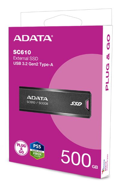 External SSD, ADATA, SC610, 500GB, USB 3.2, Write speed 500 MBytes/sec, Read speed 550 MBytes/sec, SC610-500G-CBK/RD