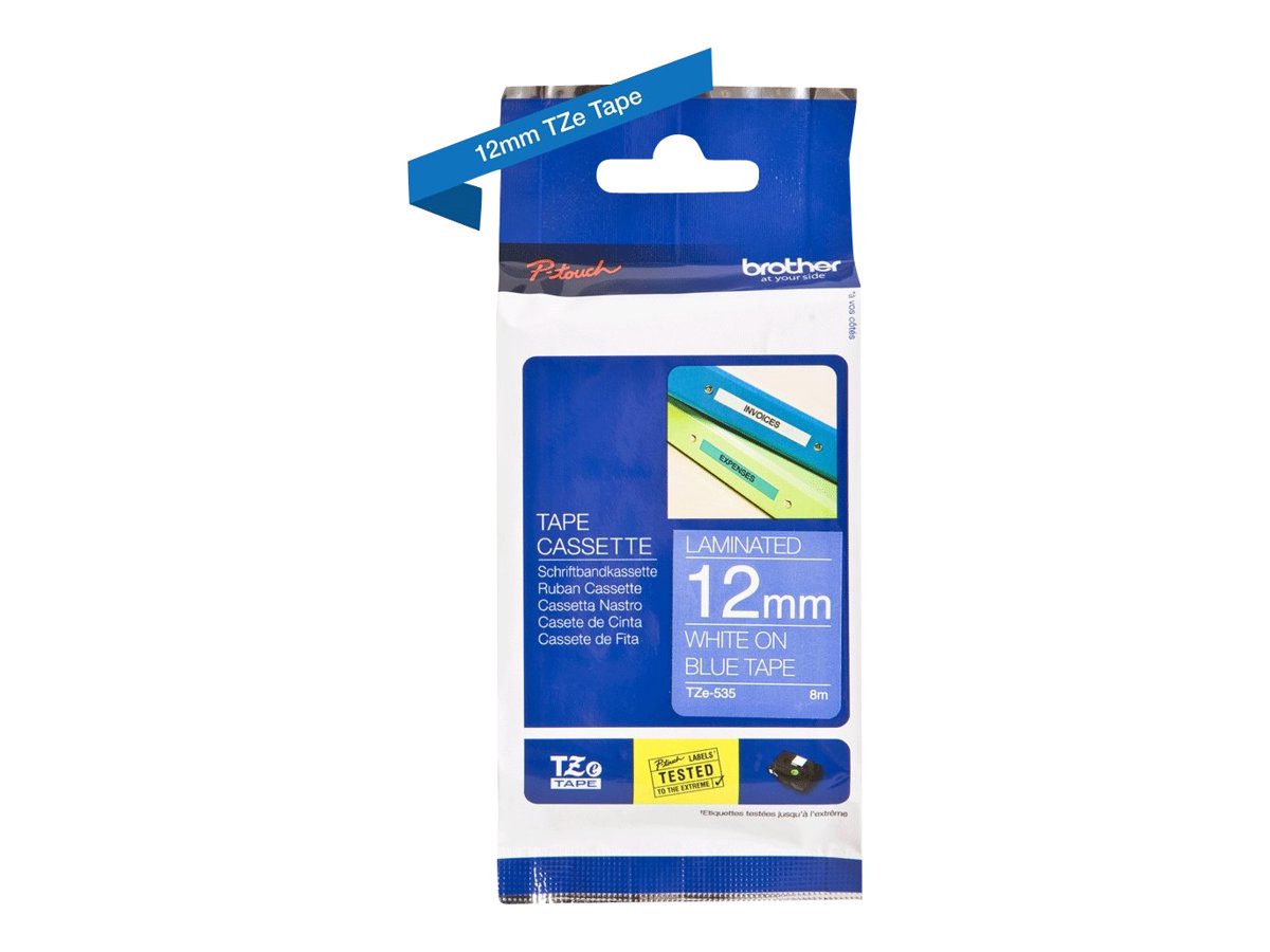 TZe-535 Laminated tape, White on Blue, TZe, 8 m, 1.2 cm