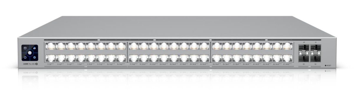 Switch, UBIQUITI, Ubiquiti UniFi Pro XG 48 PoE, Switch type Managed, Switch layer L3, Rack mounting Yes, Stackable Yes, Form factor 1U, 48xRJ-45 ports, RJ-45 Ports Type 10G Ethernet (100/1000/10000), 16x2.5G Ethernet (copper) ports quantity, 32x10G Ethernet (copper) ports quantity, 4xSFP28 ports quantity, 10G support Yes, Power over Ethernet (PoE) Yes, Total Power over Ethernet (PoE) budget 1080 W, USW-PRO-XG-48-POE