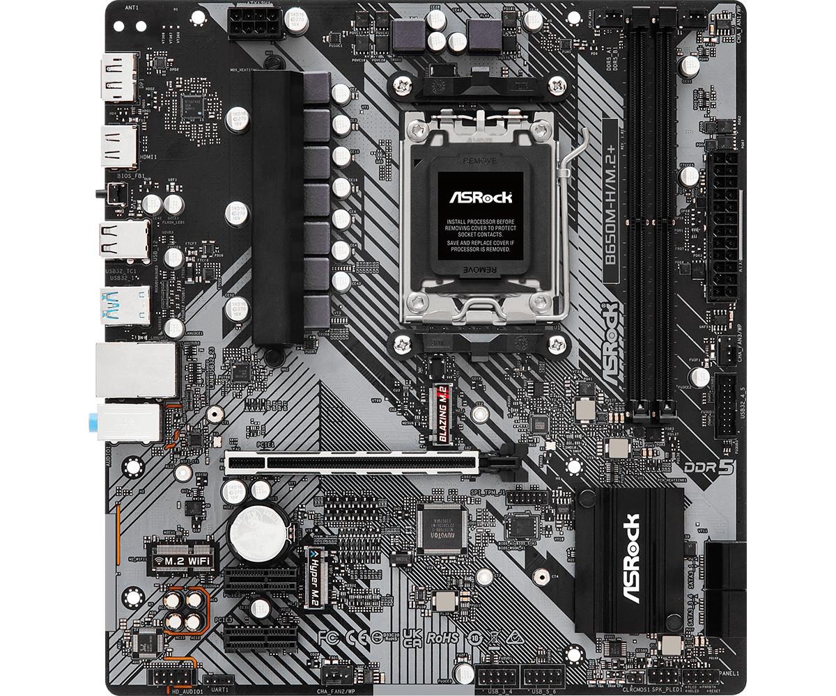 Mainboard, ASROCK, AMD B650, SAM5, Micro-ATX, Memory DDR5, Memory slots 2, 1xPCI-E, 2xPCI-Express 4.0 1x, 1xPCI-Express 4.0 16x, 1xM.2, 1xHDMI, 1xDisplayPort, 1xAudio-In, 1xAudio-Out, 1xMicrophone, 2xUSB 2.0, 3xUSB 3.2, 1xUSB-C, 1xRJ45, B650M-H/M.2+