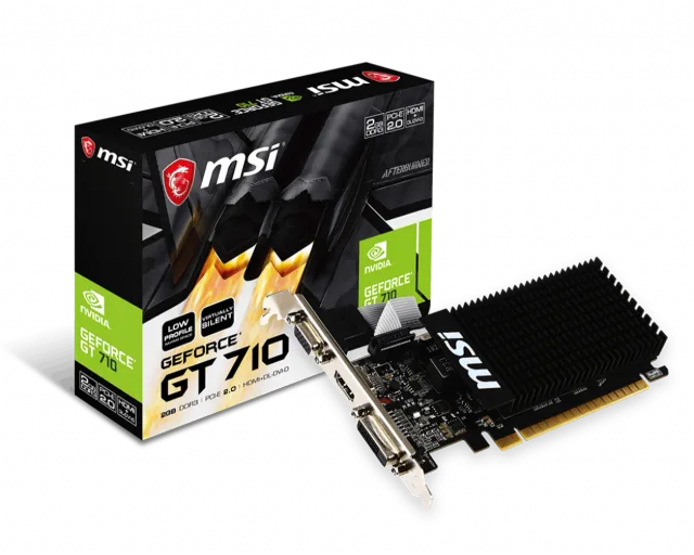 MSI | GT 710 2GD3H LP | NVIDIA | 2 GB | GeForce GT 710 | DDR3 | DVI-D ports quantity 1 | HDMI ports quantity 1 | PCI Express 2.0 x16 (uses x8) | Memory clock speed 1600 MHz | Processor frequency 954 MHz | VGA (D-Sub) ports quantity 1