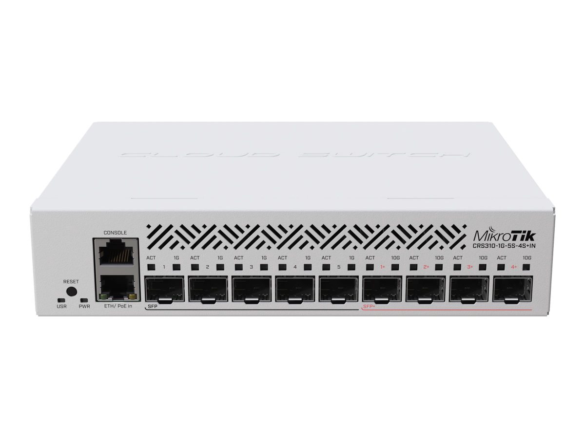 Cloud Router Switch, CRS310-1G-5S-4S+IN, Managed L3, Rackmountable, Mesh Support No, MU-MiMO No, SFP ports quantity 5, No mobile broadband, SFP+ ports quantity 4