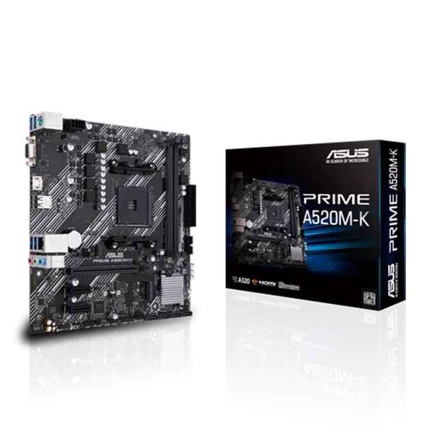 Asus | PRIME A520M-K | Processor family AMD | Processor socket AM4 | DDR4 | Memory slots 2 | Supported hard disk drive interfaces M.2, SATA | Number of SATA connectors 4 | Chipset AMD A | Micro ATX