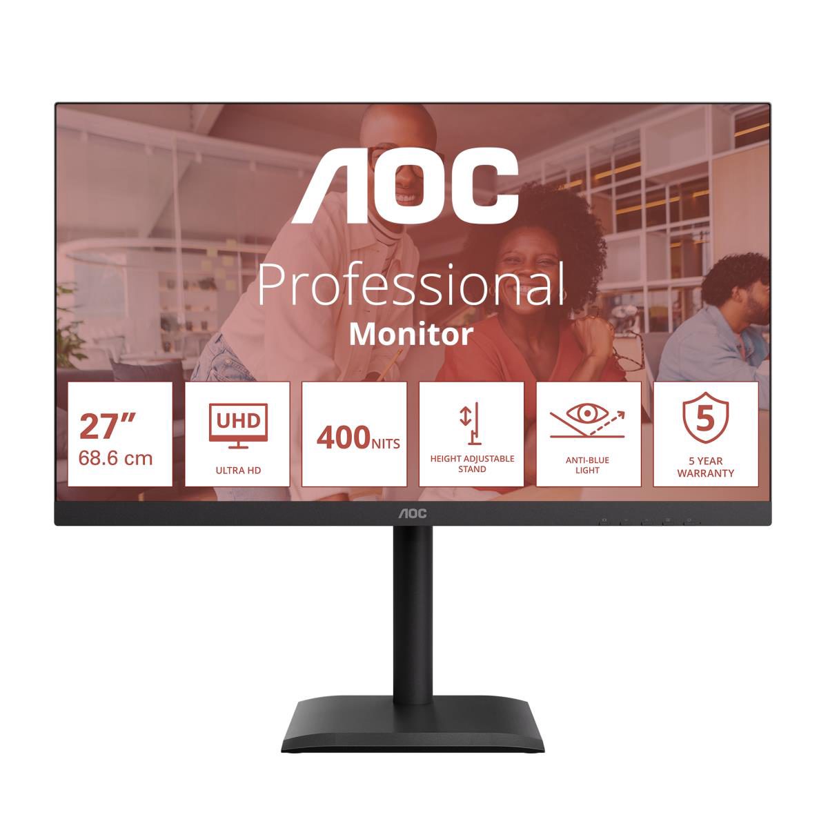 U27E4CV, 27 ", IPS, UHD, 16:9, 60 Hz, 4 ms, 3840 x 2160 pixels, 400 cd/m², HDMI ports quantity 2, Black