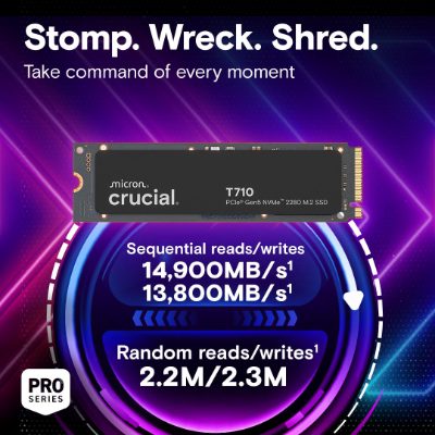 SSD, CRUCIAL, T710, 4TB, M.2, PCIe Gen5, NVMe, Write speed 13800 MBytes/sec, Read speed 14500 MBytes/sec, TBW 2400 TB, CT4000T710SSD8