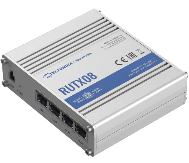 Teltonika | Industrial Router | RUTX08 | No Wi-Fi | 10/100/1000 Mbit/s | Ethernet LAN (RJ-45) ports 4 | Mesh Support No | MU-MiMO No | No mobile broadband | 1 | 24 month(s)