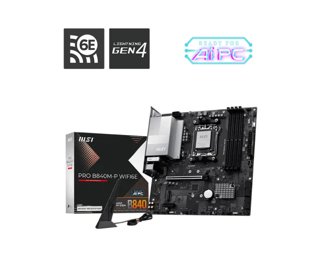 MSI PRO B840M-P WIFI6E | Processor family AMD | Processor socket AM5 | DDR5 | Supported hard disk drive interfaces SATA, M.2 | Number of SATA connectors 4 | REFURBISHED WITHOUT ORIGINAL PACKAGING AND ACCESSORIES, BACKPANEL INCLUDED