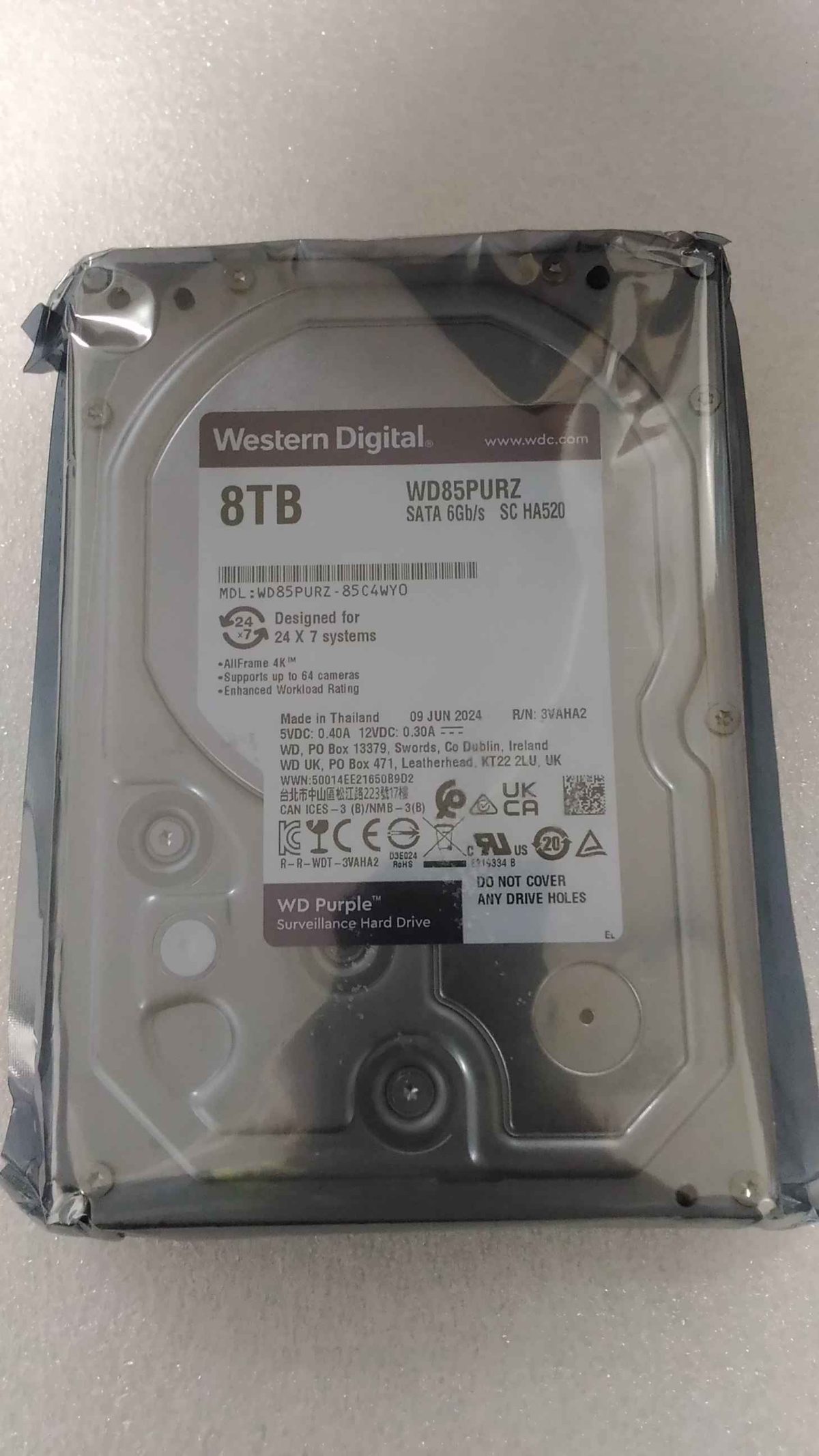 Western Digital Surveillance Hard Drive, Purple Surveillance WD85PURZ, 5640 RPM, 8000 GB