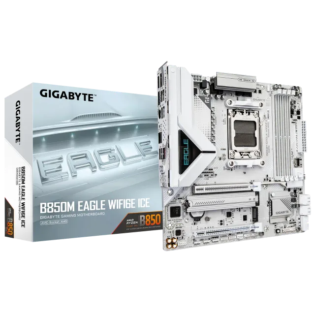 Gigabyte B850M EAGLE WF6E ICE | Processor family AMD | Processor socket AM5 | DDR5 | Supported hard disk drive interfaces SATA, M.2 | Number of SATA connectors 4