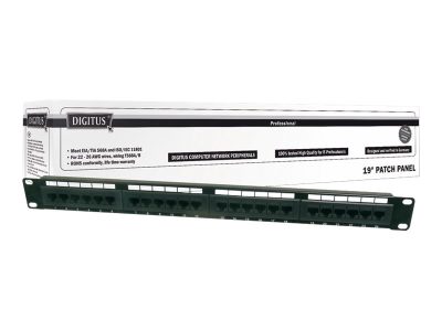 Patch Panel, DN-91524U, 48.2 x 4.4 x 10.9 cm, Category: CAT 5e; Ports: 24 x RJ45; Retention strength: 7.7 kg; Insertion force: 30N max, Black