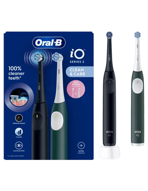Oral-B Electric Toothbrush, Duo pack | iO2 Series | Rechargeable | For adults | Number of brush heads included 2 | Number of teeth brushing modes 3 | Night Black and Green Forest