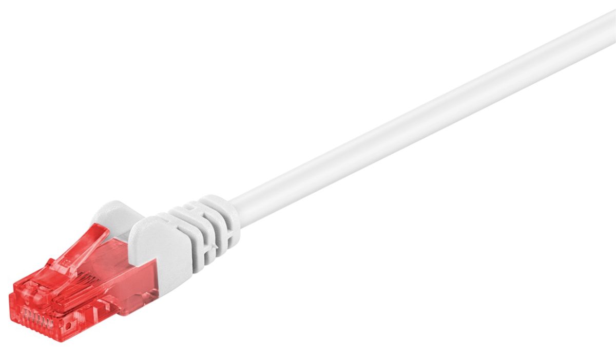 CAT 6 patch cable U/UTP, 68632, Prewired, unshielded LAN cable with 2x RJ45 plugs for connecting network components; High-quality copper-clad aluminium wire (CCA) and gold-plated contacts guarantee an excellent, powerful network connection; Latch protection on the RJ45 connector prevents the latch from snagging or breaking off, helping to provide a reliable internet connection; Bend protection and a sturdy PVC jacket effectively protect the Ethernet cable from breakage; The CAT 6 network cable is suitable for Gigabit Ethernet with a speed of up to 10/100/1000 Mbit/s; Length of the network cable indicated on the overmoulded slimline strain relief, White, 0.5 m