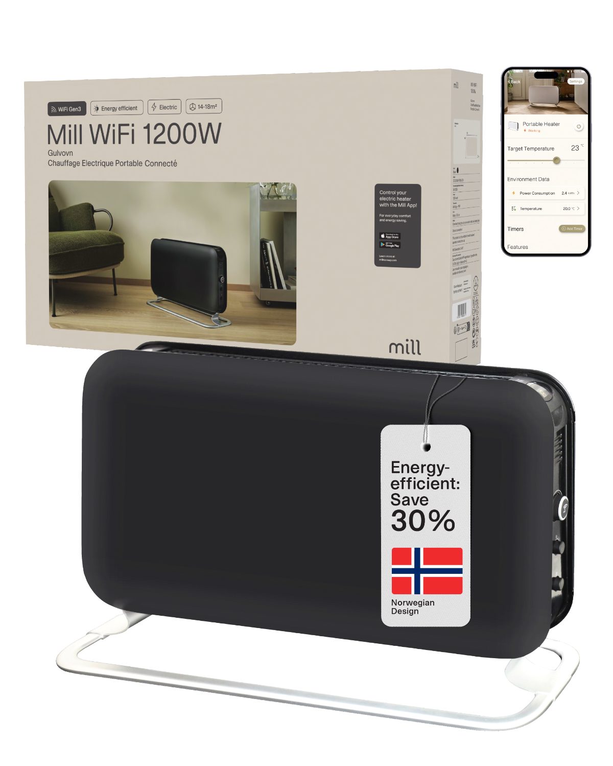 Mill CO1200WIFI3BLACK GEN3 Convection Heater, 1200W, Steel fronts, LED display, Black, Mill, Heater, CO1200WIFI3BLACK GEN3, Convection Heater, 1200 W, Black
