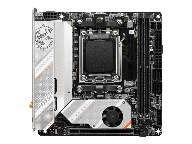 MSI | MPG B650I EDGE WIFI | Processor family AMD | Processor socket AM5 | DDR5 DIMM | Memory slots 2 | Supported hard disk drive interfaces 	SATA, M.2 | Number of SATA connectors 4 | Chipset AMD B650 | Mini-ITX
