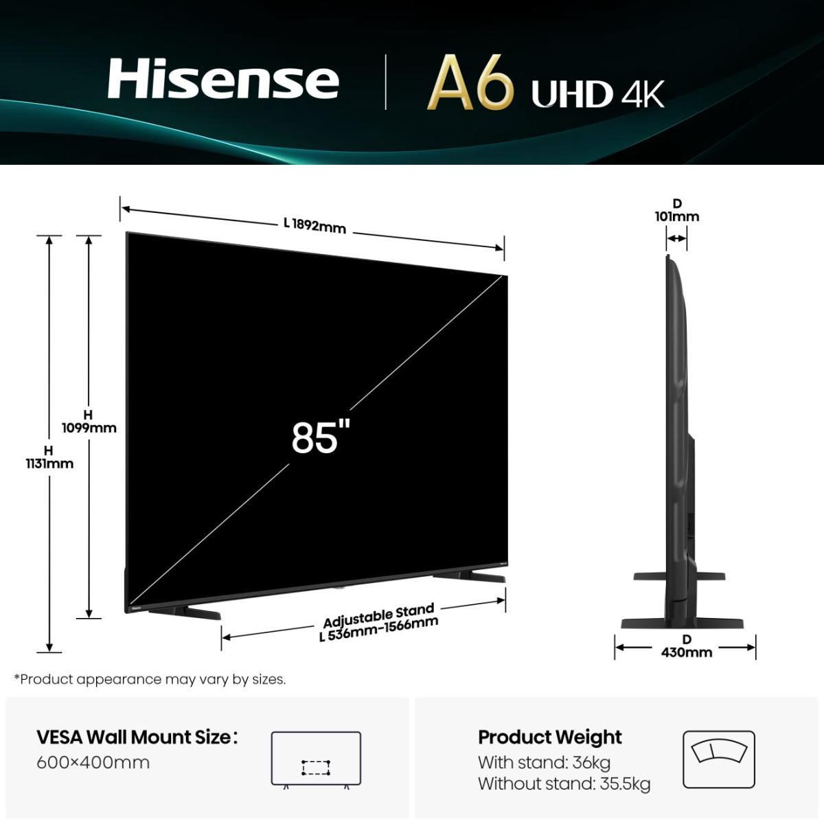 Hisense 4K TV, 85A6Q, 85, Smart TV, VIDAA, UHD, Black