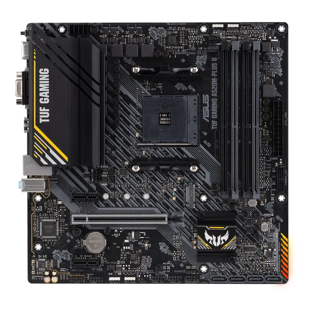 Asus | TUF GAMING A520M-PLUS II | Processor family AMD | Processor socket AM4 | DDR4 DIMM | Memory slots 4 | Supported hard disk drive interfaces SATA, M.2 | Number of SATA connectors 4 | Chipset AMD A520 | Micro ATX