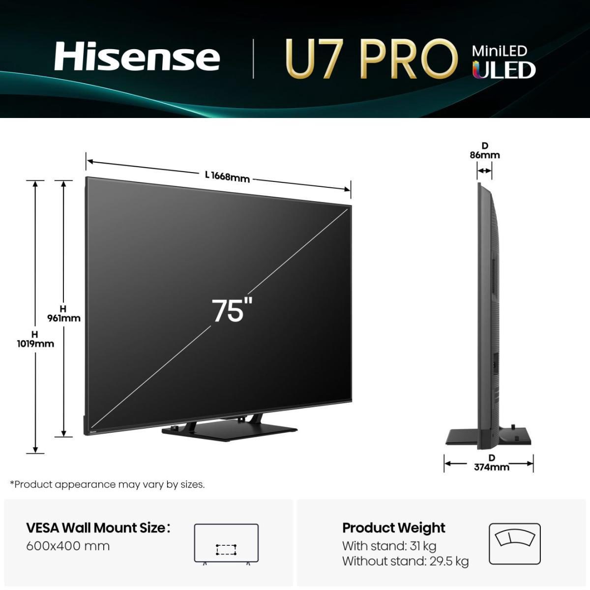 TV Set, HISENSE, 75 ", 4K Ultra HD, 3840 x 2160 pixels, Flat, 16:9, ULED, 75U7QPRO