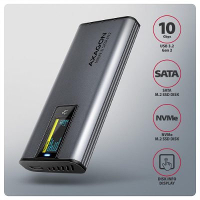 AXAGON External USB-C 10Gbps metal box with info display for M.2 NVMe and SATA SSD, EEM2-SD2