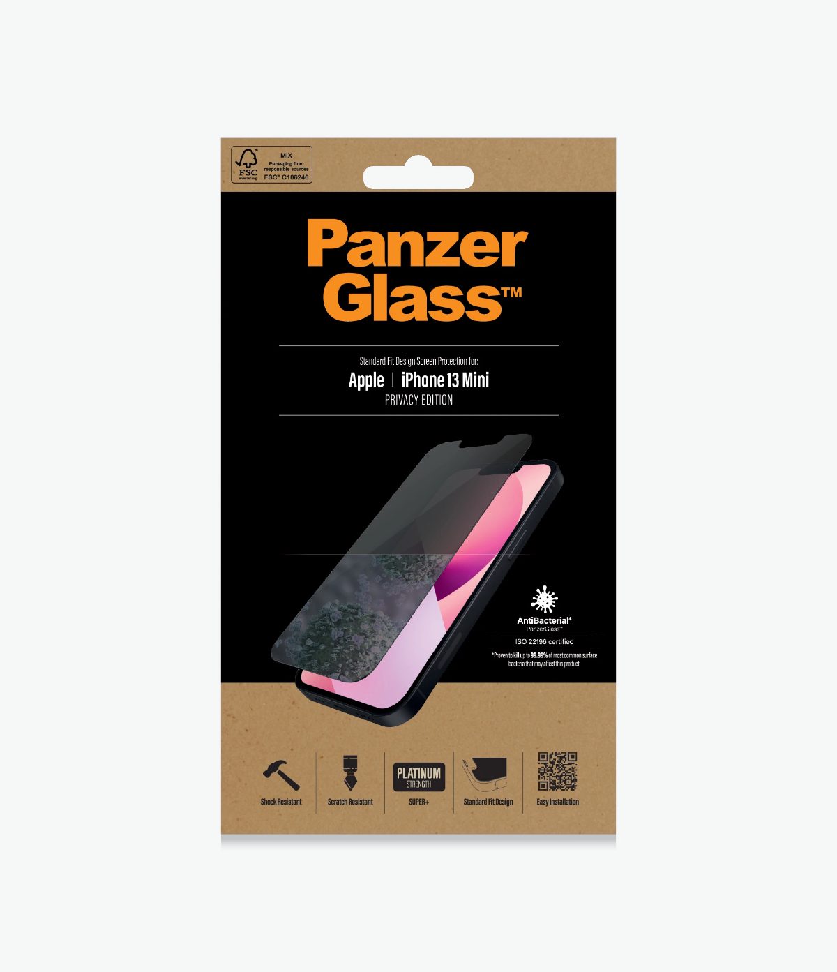 Apple, iPhone 13 Mini, Tempered glass, Black, Crystal clear; Resistant to scratches and bacteria; Shock absorbing; Easy to install, Privacy Screen Protector