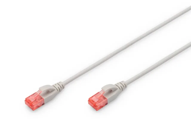 CAT 6 U-UTP Slim patch cord | Patch cord | Transparent red coloured connector for easy identification of Category 6 (250 MHz). Inner conductors: Copper (Cu) | Grey | 2 m | Modular RJ45 (8/8) plug