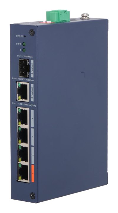 Switch, DAHUA, Switch type Managed, Switch layer L2, Form factor Desktop, 4xRJ-45 ports, RJ-45 Ports Type Fast Ethernet (10/100), 4xFast Ethernet (copper) ports quantity, 1xGigabit Ethernet (copper) ports quantity, 1xSFP module slots quantity, 1xFiber uplink ports quantity, Power over Ethernet (PoE) Yes, 4xPower over Ethernet (PoE) ports quantity, Total Power over Ethernet (PoE) budget 60 W, CHS4106-4ET-60