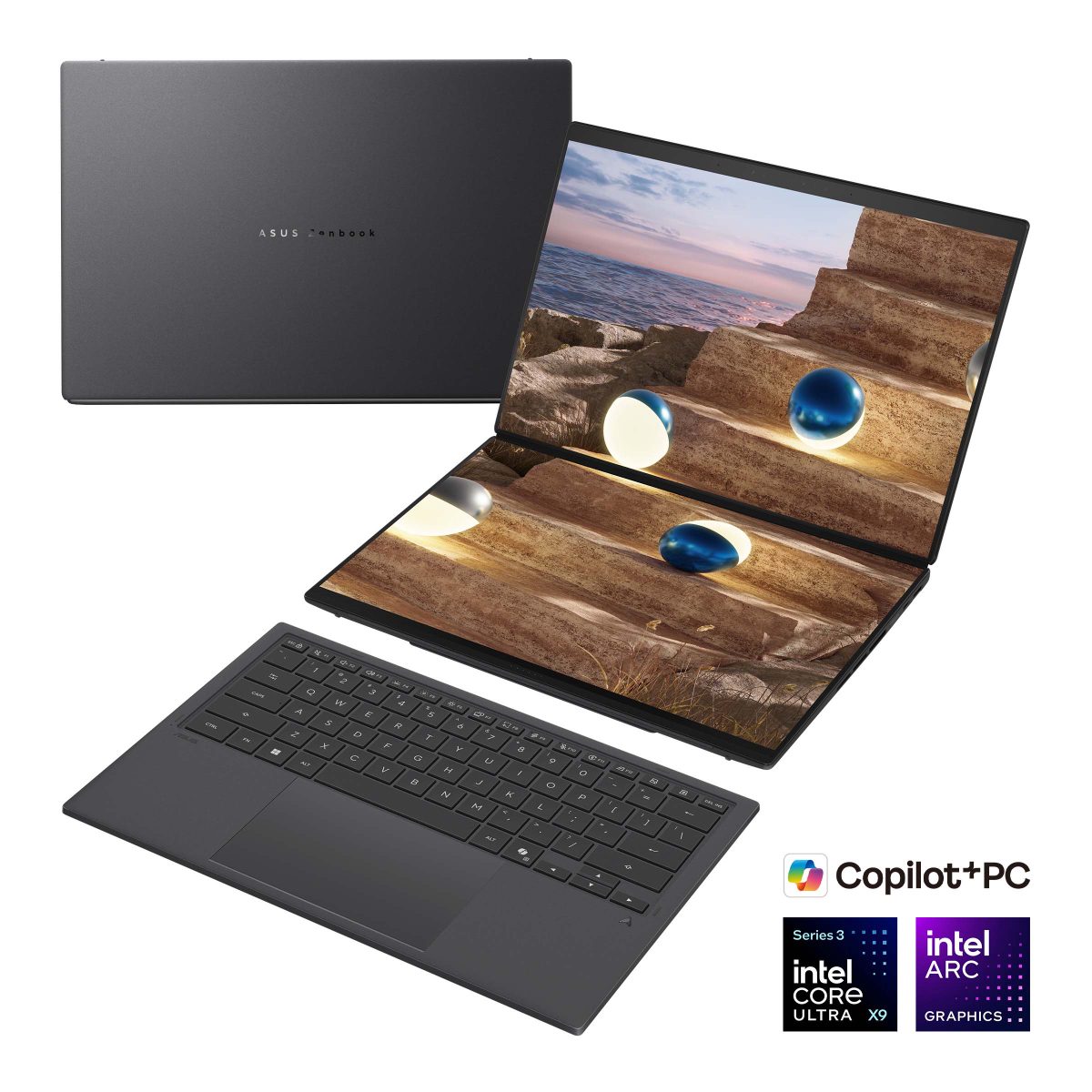 Zenbook Duo UX8407AA-SN066W, Moher Gray, 14 ", OLED, Touchscreen, 2.8K, 2880 x 1800 pixels, 144 Hz, Anti-Reflective, Intel Core Ultra X9, 378H, 32 GB, LPDDR5X, Solid-state drive capacity 2000 GB, Intel Arc Graphics, Windows 11 Pro, 802.11be, Bluetooth version 5.4, Keyboard language US international, Keyboard backlit, Warranty 24 month(s), Battery warranty 12 month(s)