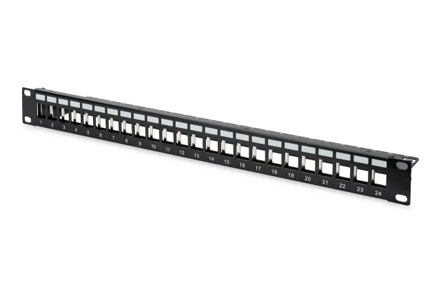 Digitus | Modular Patch Panel | DN-91411 | Layout Keystone Entry: Straight; Area of application: 483 mm (19") cabinet; Suitable for 483 mm (19") cabinet mounting; Housing material: 1.5 mm SPCC cold rolled stell sheet, powder-coated; Ports: 24 | Black