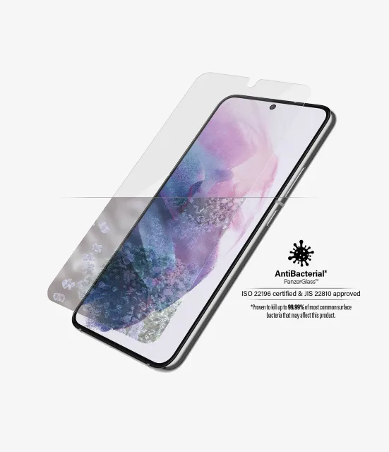 PanzerGlass | Samsung | Galaxy S22 | Tempered glass | Transparent | Case friendly. Compatible with ultrasonic fingerprint sensor. 100 % touch sensitivity. Antibacterial (ISO 22196 certified & JIS 22810 approved) | Screen Protector