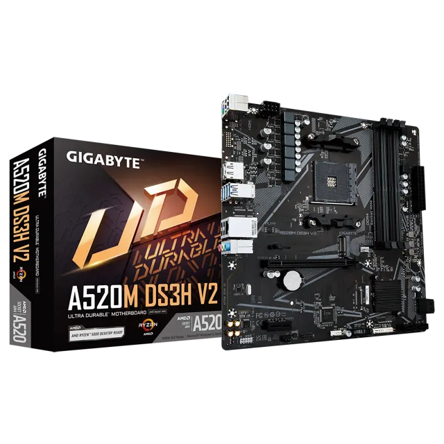 Gigabyte | A520M DS3H V2 | Processor family AMD | Processor socket AM4 | DDR4 DIMM | Memory slots 2 | Supported hard disk drive interfaces 	SATA, M.2 | Number of SATA connectors 4 | Chipset AMD A520 | Micro ATX