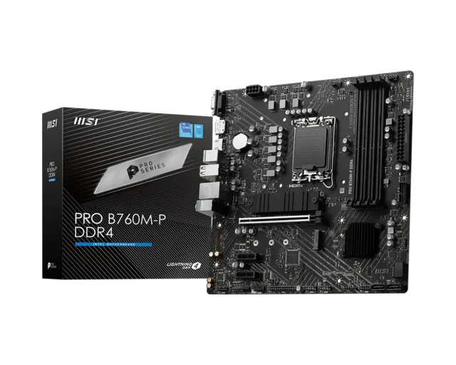 MSI | PRO B760M-P DDR4 | Processor family Intel | Processor socket LGA1700 | DDR4 DIMM | Memory slots 4 | Supported hard disk drive interfaces SATA, M.2 | Number of SATA connectors 4 | Chipset Intel B760 | mATX