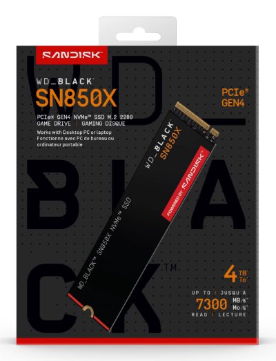 SSD, SANDISK, 2400xTBW rating, Read speed 7300 MB/s, Write speed 6600 MB/s, NVMe Yes, PCI Express 4.0, M.2, 4000 GB, POWERED BY SANDISK, Black SN850X, WDS400T2X0E
