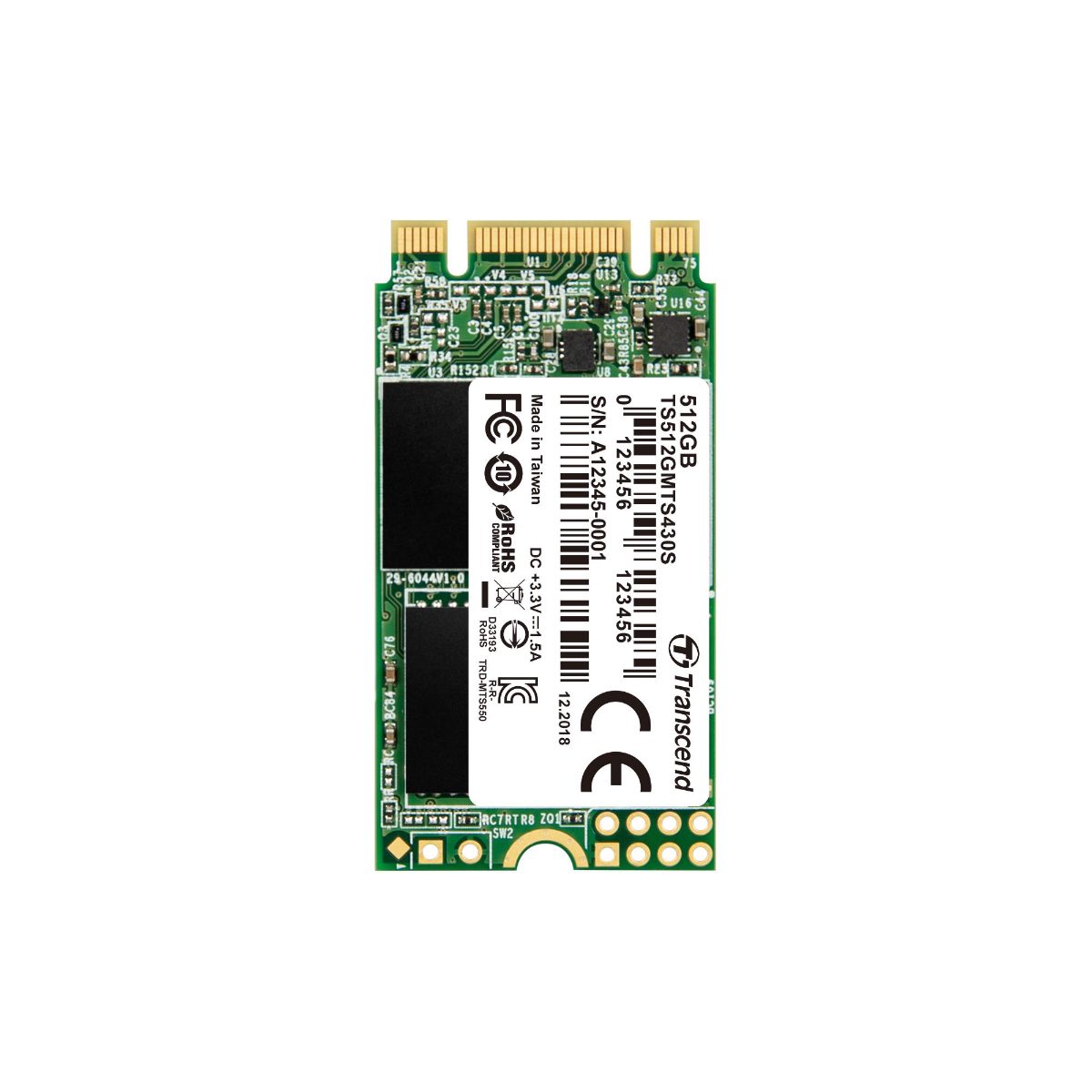 SSD, TRANSCEND, 430S, 512GB, M.2, SATA 3.0, TLC, Write speed 500 MBytes/sec, Read speed 560 MBytes/sec, MTBF 1000000 hours, TS512GMTS430S