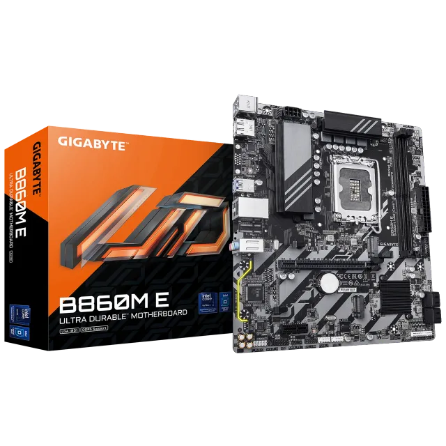 Gigabyte B860M E | Processor family Intel | Processor socket LGA1851 | DDR5 | Supported hard disk drive interfaces SATA, M.2 | Number of SATA connectors 4