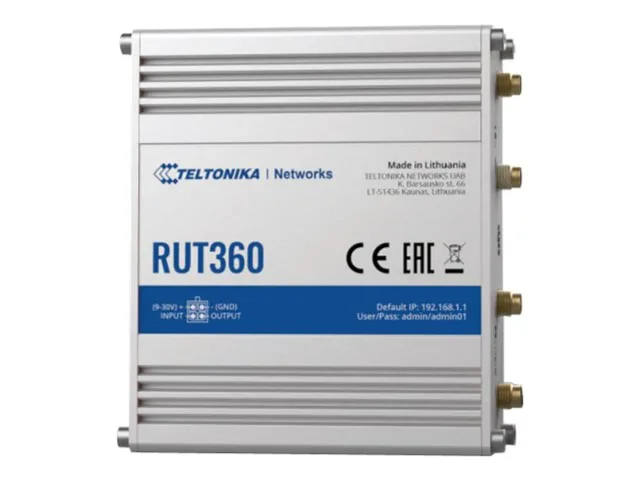 Teltonika | Industrial Cellular Router | RUT360 LTE CAT6 | 1 x LAN ports, 10/100 Mbps, compliance with IEEE 802.3, IEEE 802.3u standards, supports auto MDI/MDIX crossover Mbit/s | Ethernet LAN (RJ-45) ports 2 x RJ45 ports, 10/100 Mbps | Mesh Support No | MU-MiMO Yes | 3G/4G data sharing | Antenna type 2 x SMA for LTE, 2 x RP-SMA for WiFi