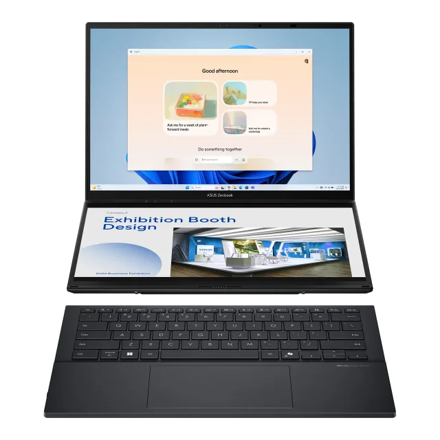 Asus | Zenbook Duo UX8406CA-PZ009W | Basalt Gray | 14 " | OLED | Touchscreen | 3K | 2880 x 1800 pixels | Glossy | Intel Core Ultra 9 | 285H | 32 GB | LPDDR5X | Solid-state drive capacity 2000 GB | Intel Graphics | Windows 11 Home | 802.11be | Bluetooth version 5.4 | Keyboard language US international | Keyboard backlit