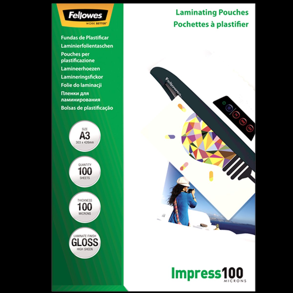 Laminating Pouch, A3, Glossy, Thickness: 100 micron, Qty Per Pack: 100 pcs; Ideal for notices, craft materials, signage and frequently handled documents; Compatible with all laminator brands