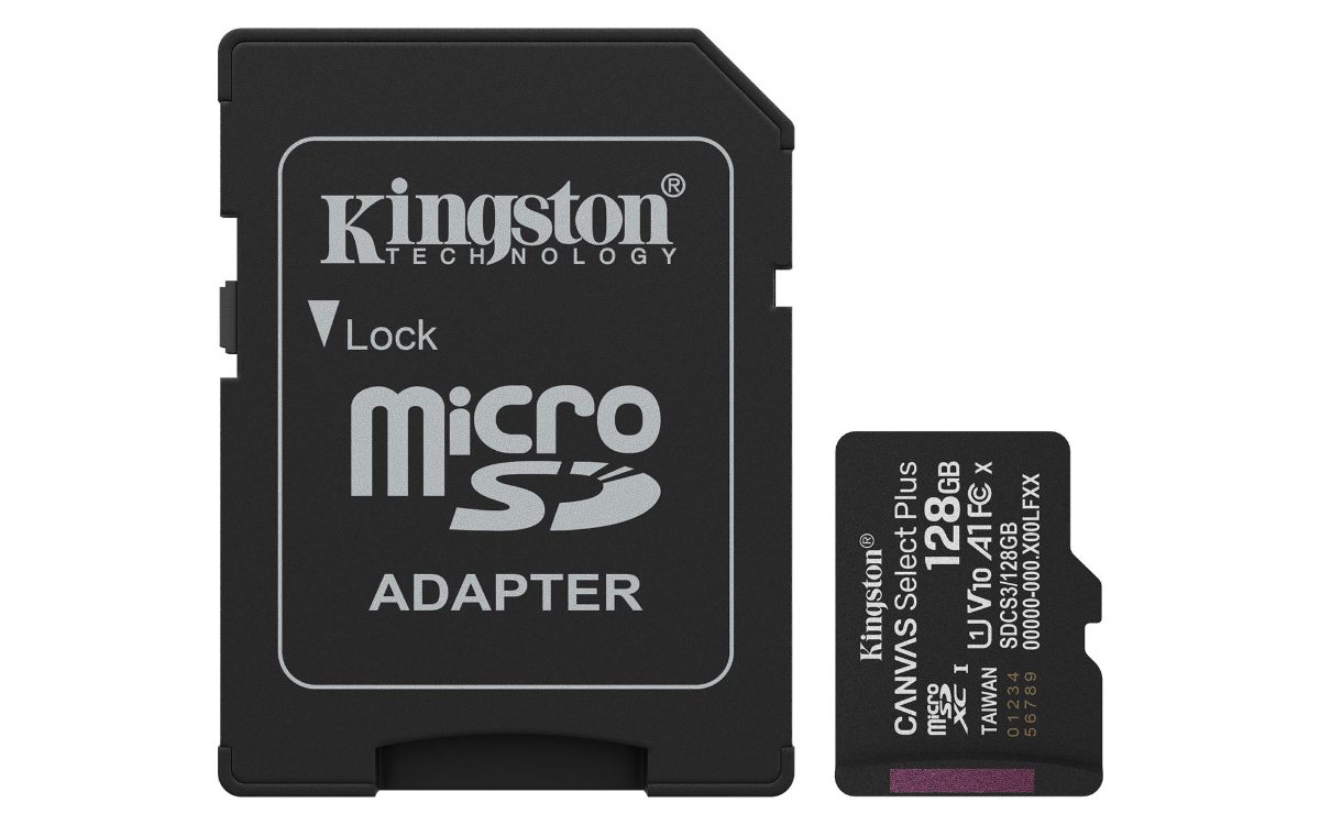 Kingston Canvas Select Plus, 128 GB, microSD, Flash memory class Class 10, UHS-I, U1/U3, video class 10/30, A1