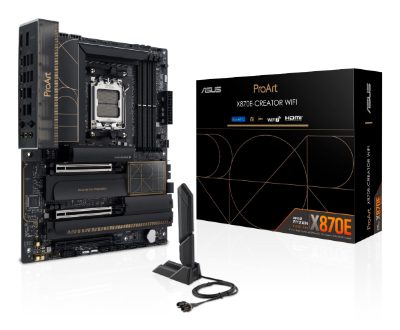 Mainboard, ASUS, AMD X870E, SAM5, ATX, Memory DDR5, Memory slots 4, 3xPCI-Express 4.0 16x, 2xPCI-Express 5.0 16x, 4xM.2, 1xHDMI, 1xDisplayPort, 1xUSB 2.0, 7xUSB 3.2, 3xUSB-C, 1xRJ45, 3xAudio port, PROARTX870E-CREATORWIFI
