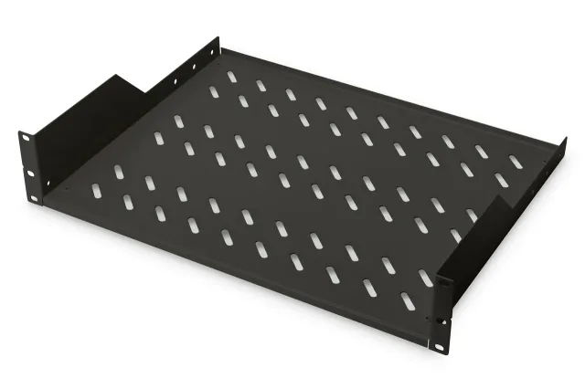 Digitus | 2U Fixed Shelf for Racks | DN-19 TRAY-2-SW | Perfect for storage of components which are not 483 mm (19”) suitable. Slim design which takes space of 2 height units. Easy and quick to mount or dismount. Dimensions 88x482x349 mm, up to 25 kg | Black