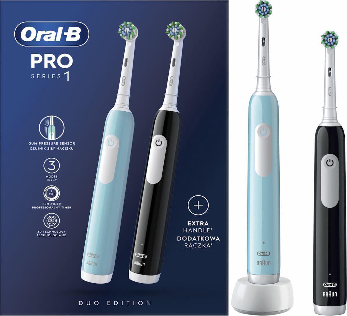 Electric Toothbrush, Pro Series 1 Duo, Rechargeable, For adults, Number of brush heads included 2, Number of teeth brushing modes 3, Blue/Black