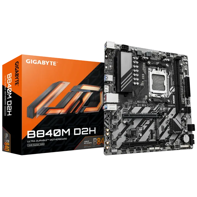 Gigabyte B840M D2H | Processor family AMD | Processor socket AM5 | DDR5 | Supported hard disk drive interfaces SATA, M.2 | Number of SATA connectors 4