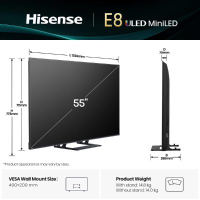 TV Set, HISENSE, 55 ", 4K Ultra HD, 3840 x 2160 pixels, Flat, 16:9, LED, 55E8Q