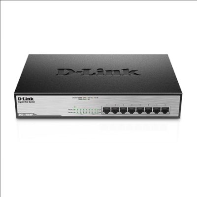 Switch, DGS-1008MP, Unmanaged, Rack mountable, Gigabit Ethernet (copper) ports quantity 8, Power over Ethernet (PoE) ports quantity 8, Power supply type Single, 24 month(s)